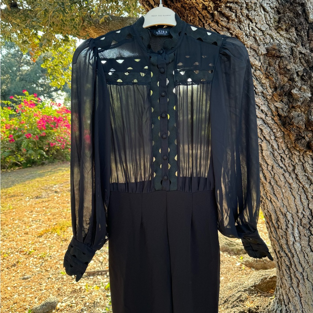 Akira-Black Elegant sheer blouse wide leg jumpsuit.Side zipper.Size M